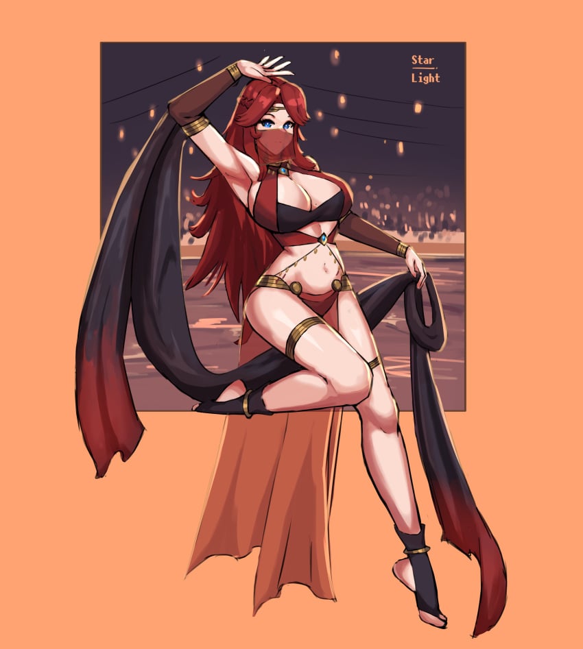 1girls adventurequest_worlds aqw aqworlds arm_up armpits artix_entertainment belly_dancer big_breasts blue_eyes cleavage dancer female gravelyn light-skinned_female red_hair solo starlightlit22 veil wide_hips