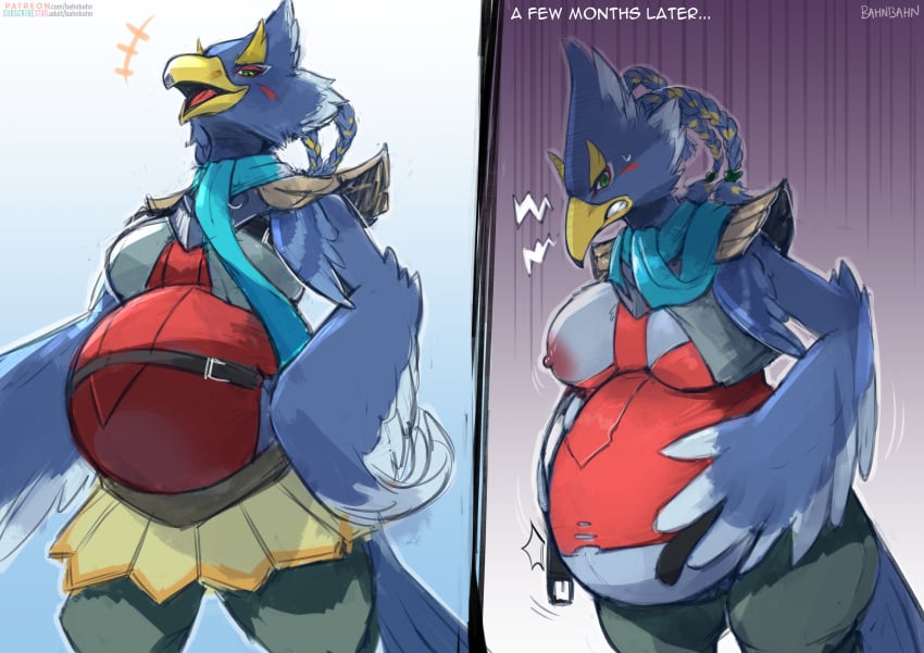 absurd_res anthro artist_name avian bahnbahn_(artist) beak belly big_belly big_breasts blue_body blue_feathers bodily_fluids bottomwear breasts breath_of_the_wild clothing english_text feather_hands feathers female green_eyes hi_res motion_lines mtf_crossgender nintendo nipples non-mammal_breasts non-mammal_nipples open_beak open_mouth pregnant revali rule_63 skirt solo standing sweat sweatdrop text the_legend_of_zelda url wardrobe_malfunction wings