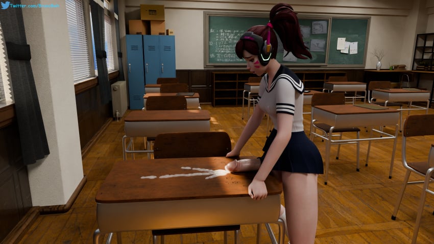 1futa 3d blender brown_hair brunobwh classroom clothed cum cum_on_desk d.va futa_only futanari grinding large_penis overwatch overwatch_2 penis penis_on_table ponytail school_desk school_uniform solo