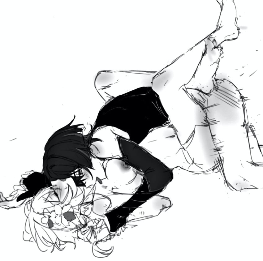 black_and_white blush breasts_out closed_eyes closed_eyes genshin_impact hands_on_wrists legs_around_partner legs_around_waist legs_together licking licking_neck lumine_(genshin_impact) male_on_top missionary_position scaramouche_(genshin_impact) straight tongue_out whiterabbit1838 wrist_grab