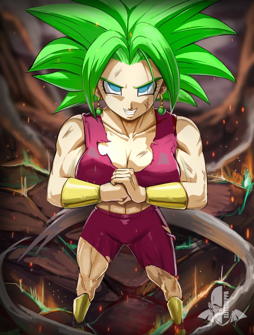 1girls big_breasts blue_eyes cleavage damaged_clothes dragon_ball dragon_ball_super dragon_ball_z earrings elitenappa eyebrows female female_only green_eyes green_hair kefla legendary_super_saiyan looking_at_viewer potara_earrings potion_(moudamepo) ripped_clothing ripped_pants solo solo_female solo_focus super_saiyan thick_thighs thighs wide_hips