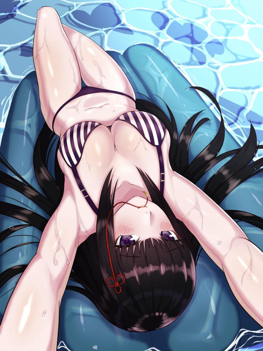 1girls 2021 bikini black_hair blush breasts hifumi_togo long_hair looking_at_viewer persona persona_5 pool purple_eyes raft solo sweat white_skin yousuketwelve