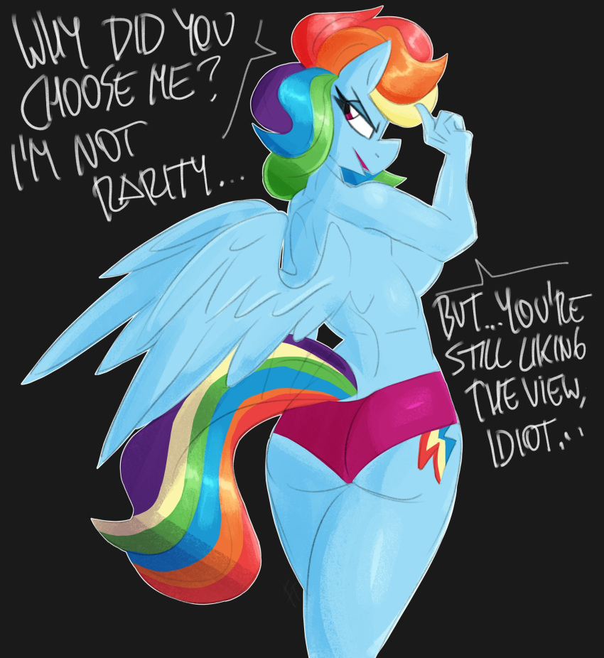 anthro ass breasts clothing cutie_mark english_text equine female female_only flutterthrash friendship_is_magic hasbro my_little_pony panties pegasus pink_eyes rainbow_dash_(mlp) rainbow_hair rainbow_tail tail text underwear