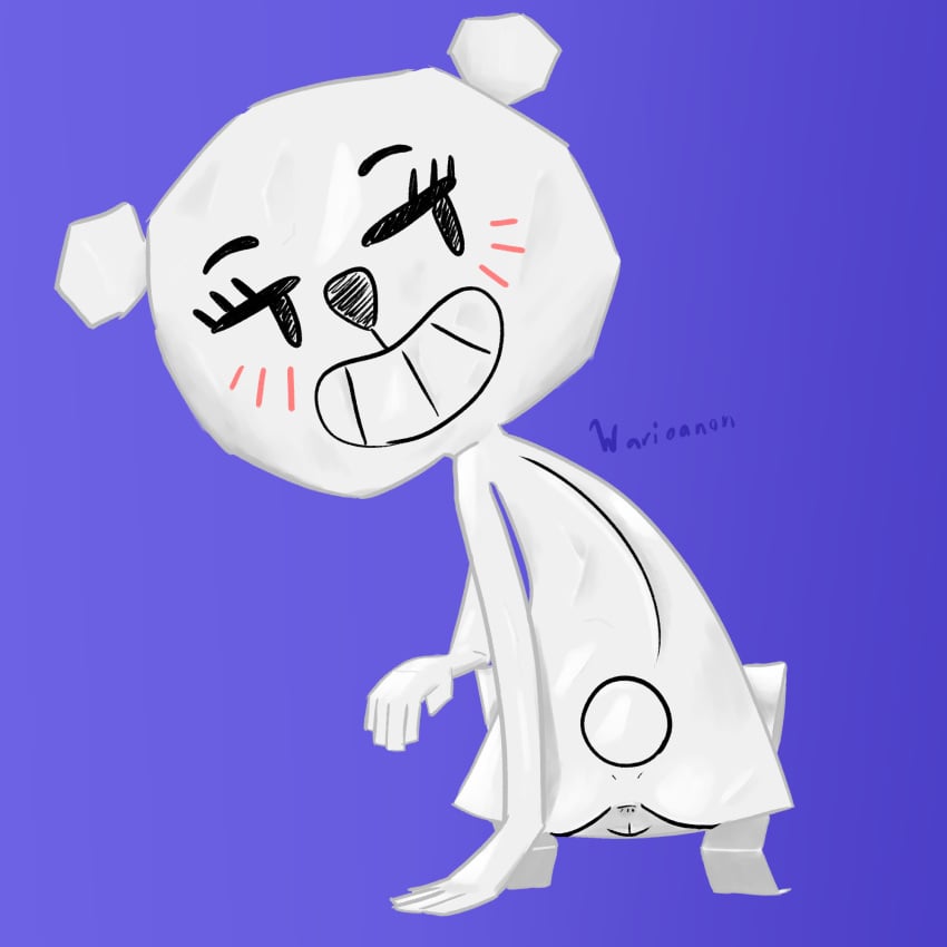 anthro anus ass bear black_eyes black_nose blush blush_lines cartoon_network crouching eyelashes female genitals hi_res looking_back mammal paper pussy round_ears round_tail smile smiling_at_viewer solo tail teri_(tawog) the_amazing_world_of_gumball warioanon white_body