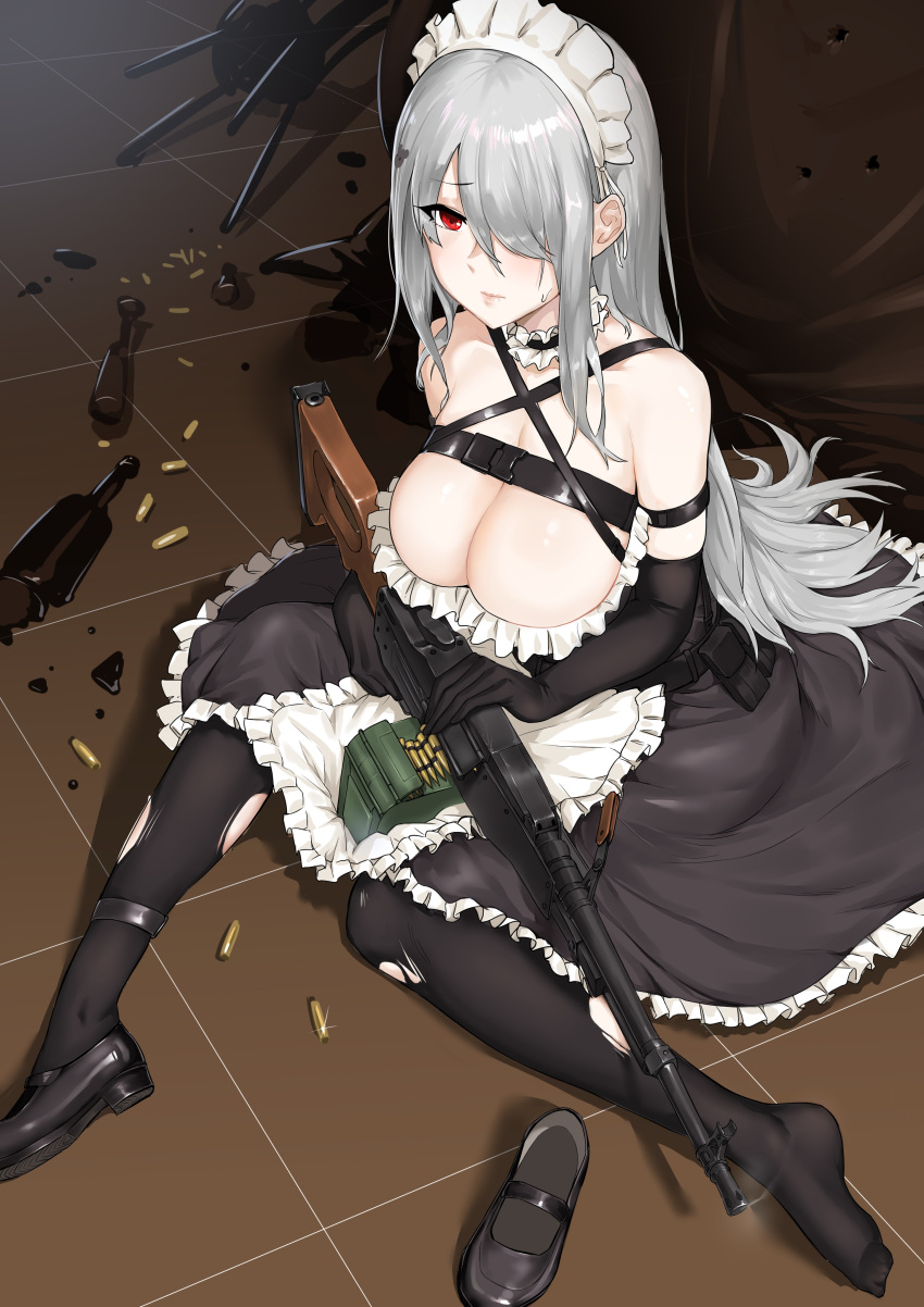 1girls ammunition apron bottle breasts broken_bottle choker dawalixi girls'_frontline grey_hair gun hair_over_one_eye holding_gun holding_rifle holding_weapon large_breasts long_hair looking_at_viewer maid maid_apron maid_headdress maid_uniform pantyhose pk_(girls_frontline) red_eyes rifle shell_casing shoes tile_floor torn_pantyhose weapon