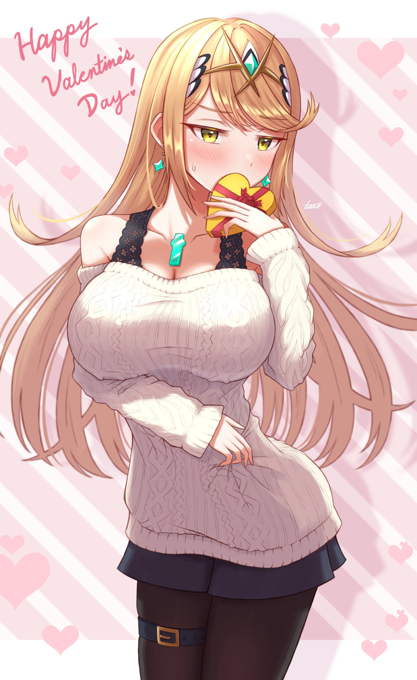 1girls aran_sweater blonde_hair blue_skirt bra_straps breasts core_crystal earrings heart-shaped_box holding_box large_breasts long_hair mythra nintendo pantyhose skirt sweater taro_(peach_taro51) thigh_strap tiara valentine's_day white_sweater xenoblade_(series) xenoblade_chronicles_2 yellow_eyes