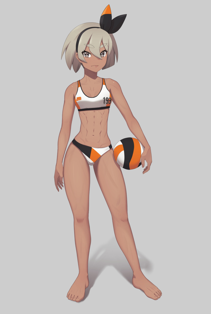 1girls abs athletic athletic_female bea_(pokemon) breasts fit fit_female grey_eyes grey_hair headband looking_at_viewer muscular muscular_female nintendo pokemon pokemon_ss putcher short_hair small_breasts sports_bra sports_uniform volleyball