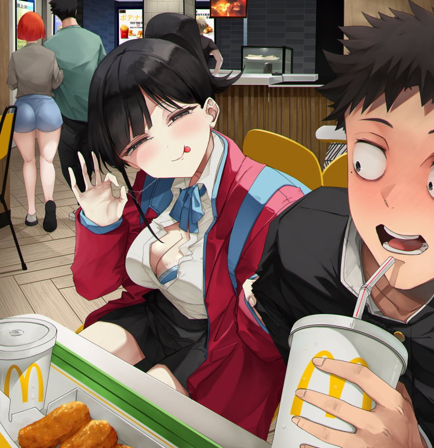 2boys 2girls ass big_breasts black_hair boyfriend-girlfriend boyfriend_(japanese_mcdonald's_commercial) bra bra_peek breasts busty cleavage curvaceous curvy curvy_body curvy_female curvy_figure dad_(japanese_mcdonald's_commercial) fellatio_gesture female girlfriend_(japanese_mcdonald's_commercial) inkspirate licking_lips mcdonald's milf mom_(japanese_mcdonald's_commercial) mother orange_hair ponytail schoolboy schoolgirl seductive seductive_eyes seductive_look seductive_mouth voluptuous yoru_mac