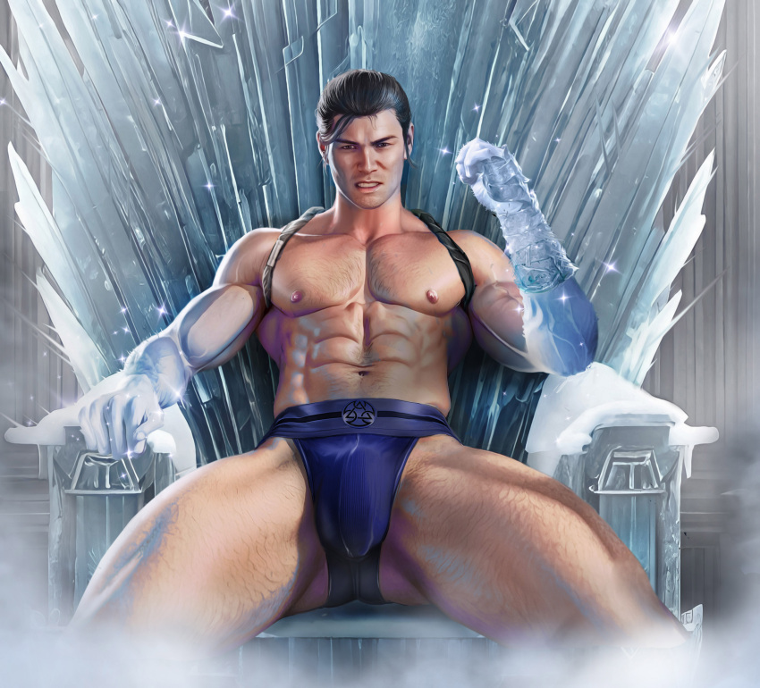 1boy 2023 bara bara_tits barazoku bi-han big_bulge blonde_hair bulge gay hairy_male huge_bulge looking_at_viewer male male_focus male_nipples male_only manly mortal_kombat mortal_kombat_1_(2023) muscular_male netherrealm_studios nipples penis_outline solo solo_male sub-zero underwear yaoi