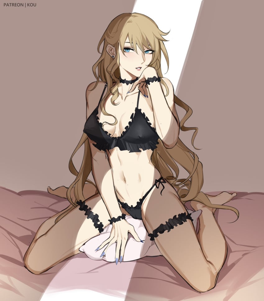 bed blonde_hair blue_eyes breasts breasts female female_focus female_only genshin_impact lingerie lingerie_only long_hair looking_at_viewer navia_(genshin_impact) pose solo solo_female solo_focus sugestive_pose yukaero4