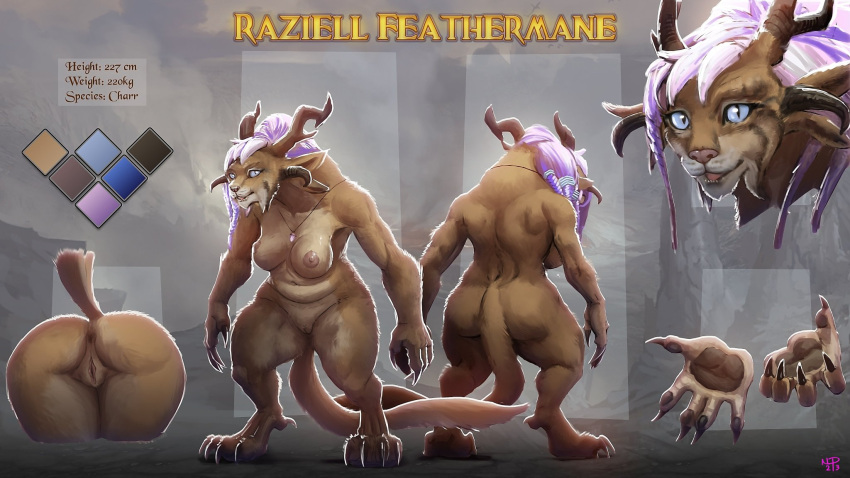 4_ears 5_fingers amulet anthro anus ass ass_up big_breasts breasts charr felid female fingers fluffy fluffy_tail fur genitals guild_wars hair hi_res horn mammal model_sheet multi_ear navel nipples np4tch nude pawpads paws pink_hair pussy raziell_feathermane simple_background solo tail