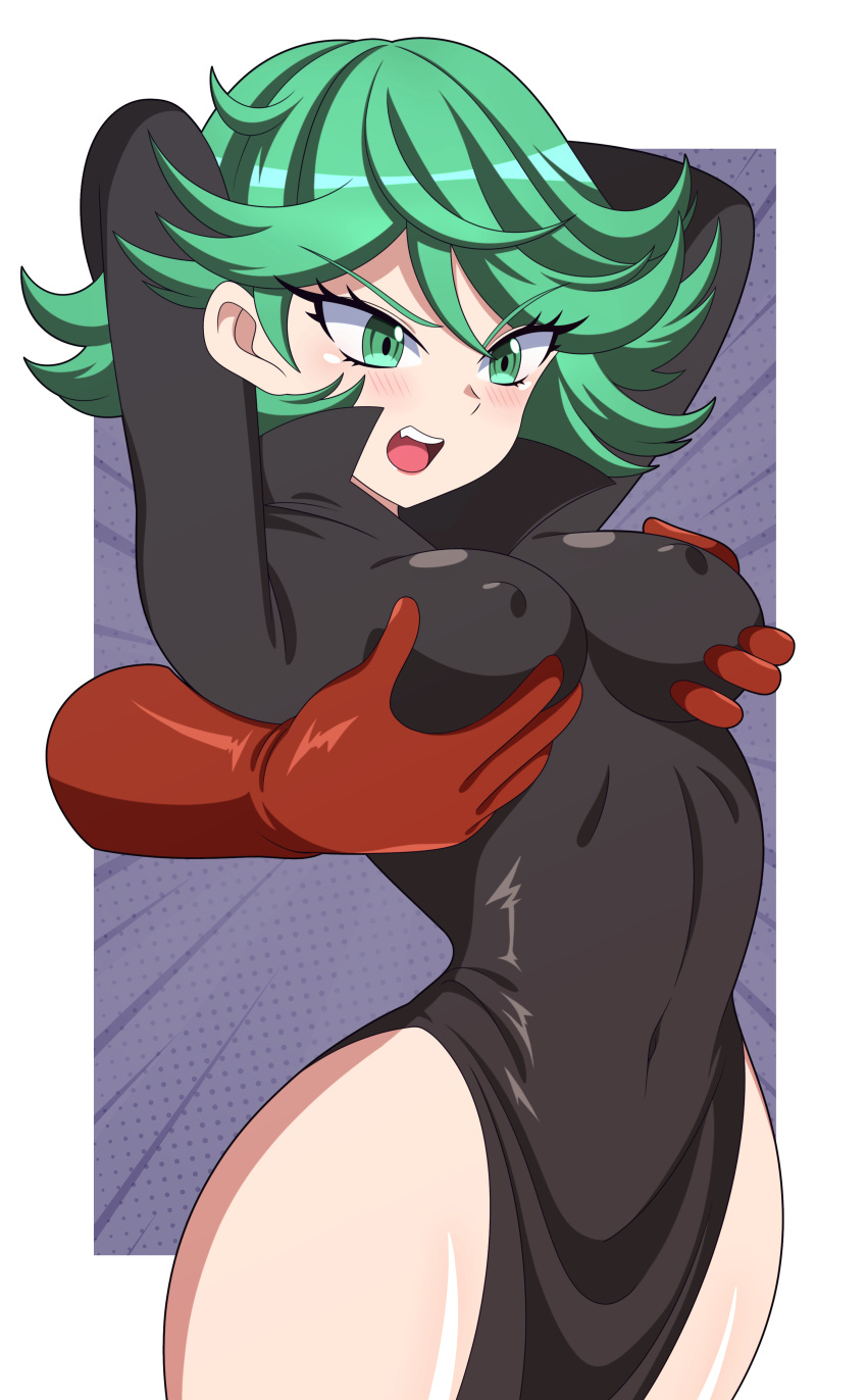 1girls abysswatchers blush breast_grab breasts clothed female green_eyes green_hair light-skinned_female light_skin medium_breasts one-punch_man tatsumaki