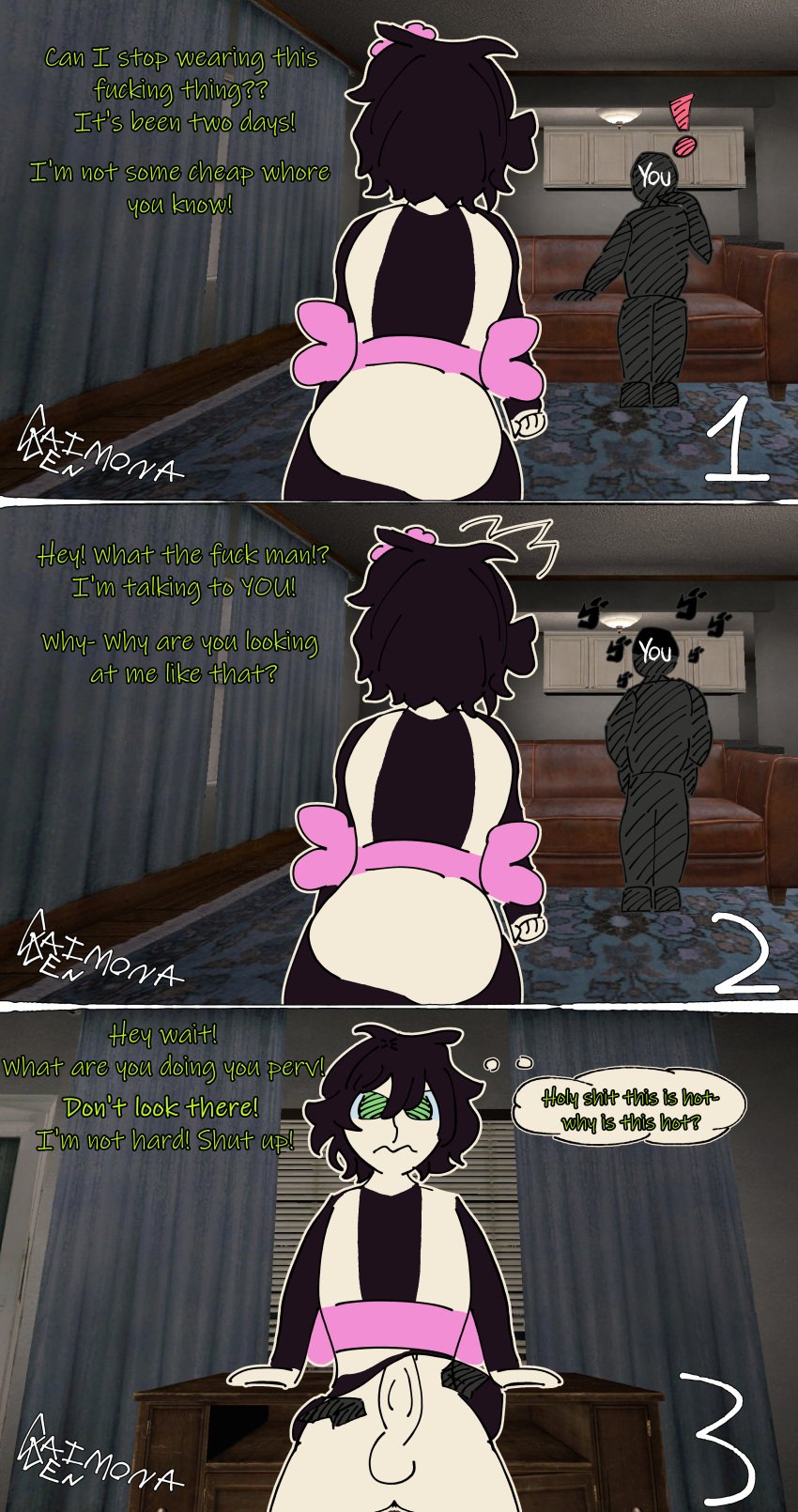 andrew_graves black_hair comic daimonaden dialogue duo femboy feminine girly green_eyes maid_outfit maid_uniform male_focus malesub revealing_penis text the_coffin_of_andy_and_leyley thought_bubble