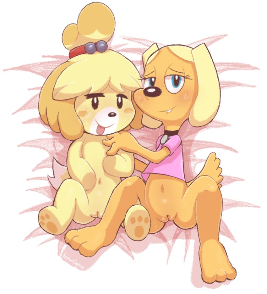 animal_crossing anthro aroused blush bottomless brandy_and_mr._whiskers brandy_harrington canid canine clothed clothing disney duo female female/female festive0goat hi_res isabelle_(animal_crossing) mammal nintendo presenting spread_legs spreading