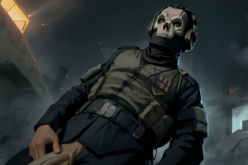 ai_generated armor before_oral before_sex black_uniform call_of_duty erection ghost_(modern_warfare_2) intimidating looking_at_viewer looking_down looking_down_at_viewer male_only mask masked_male penis simon_riley skull_mask soldier solo uniform