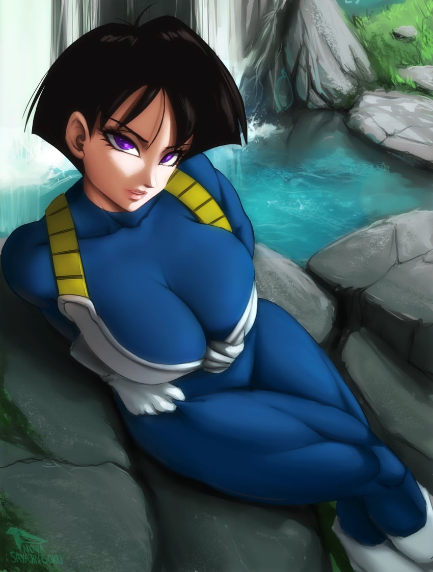 1girls alien artist_signature big_breasts black_hair busty dragon_ball dragon_ball_z light-skinned_female light_skin muscular muscular_female muscular_thighs novasayajingoku purple_eyes saiyan saiyan_armor seripa thighs tight_clothing