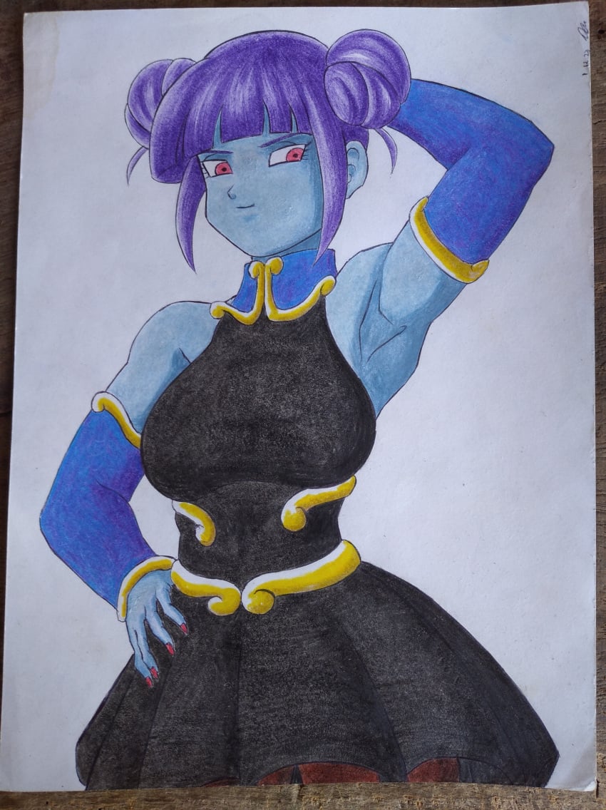 armpits black_dress blue_skin blue_skinned_female breasts brown_pants clothed clothed_female fully_clothed girl hair_bun long_hair long_sleeves medium_breasts painted_nails purple_hair red_eyes red_nails sleeveless_dress super_dragon_ball_heroes traditional_media_(artwork) twin_buns vidro yamidanight