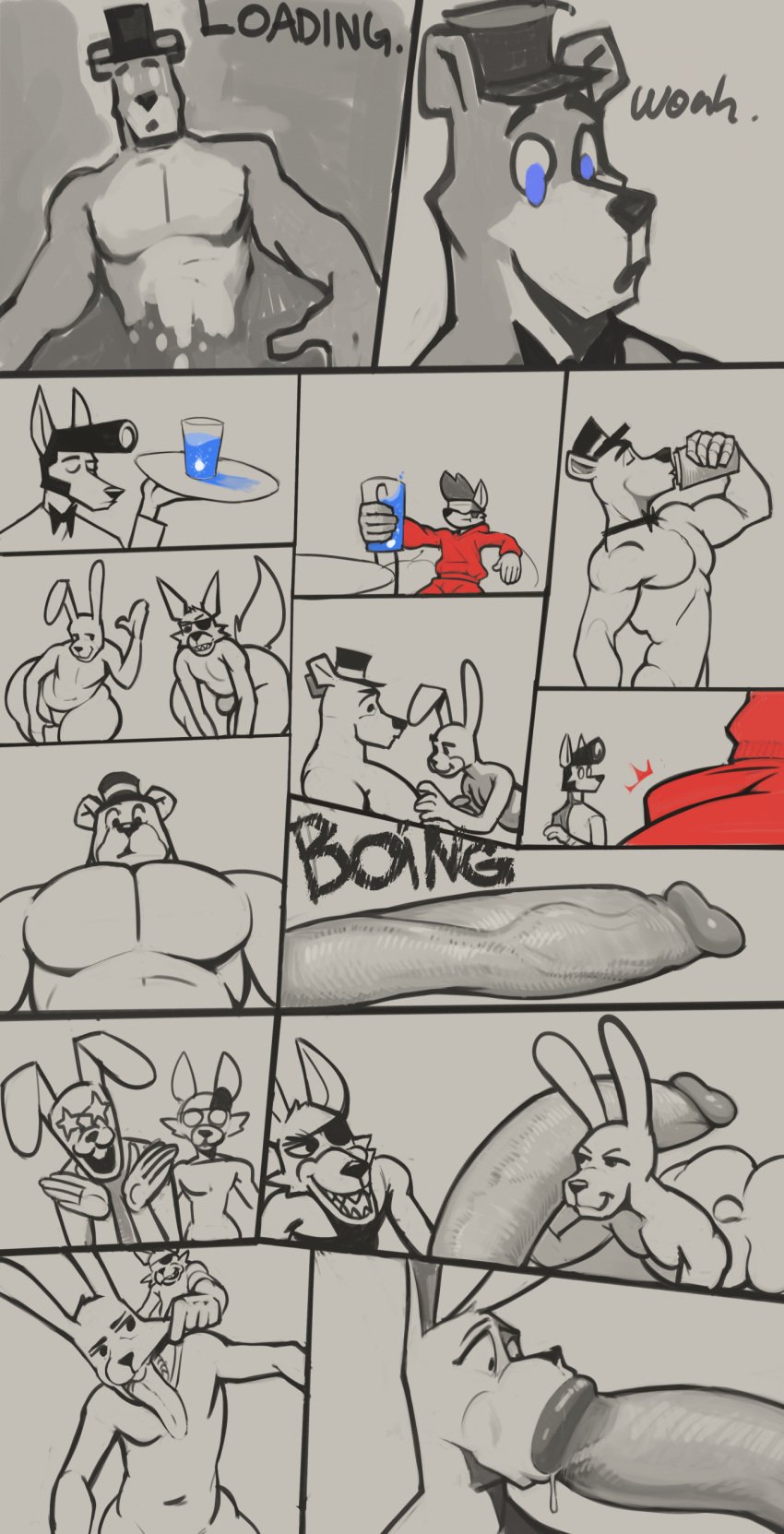 acstlu bear big_penis blowjob bonnie_(fnaf) bunny comic comic_page five_nights_at_freddy's fnaf fox foxy_(fnaf) freddy_(fnaf) furry_male furry_only gay gay_blowjob jackal jojobiz jojobizad male_chest muscular muscular_male open_mouth phursie sucking thick_penis threesome veiny_penis vr vr_media wolf