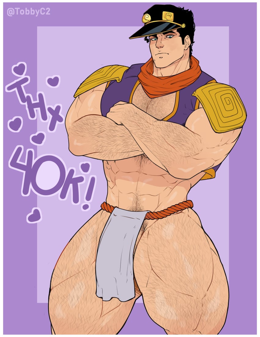 1boy abs arms_crossed bara big_muscles black_cap black_hair black_hat blue_eyes body_hair buff bulge cap chest_hair clothing grey_loincloth grey_underwear hair_strand hairy hairy_arms hairy_chest hairy_male hairy_thighs happy_trail hat huge_thighs human human_only jojo's_bizarre_adventure jotaro_kujo light-skinned_male light_skin loincloth looking_down male male_focus male_only manly muscles muscular muscular_male muscular_thighs orange_scarf pecs pectorals penis_peek pubic_hair purple_background scarf solo solo_focus solo_male standing stardust_crusaders thick_ass tobbyc2 underwear veiny_penis