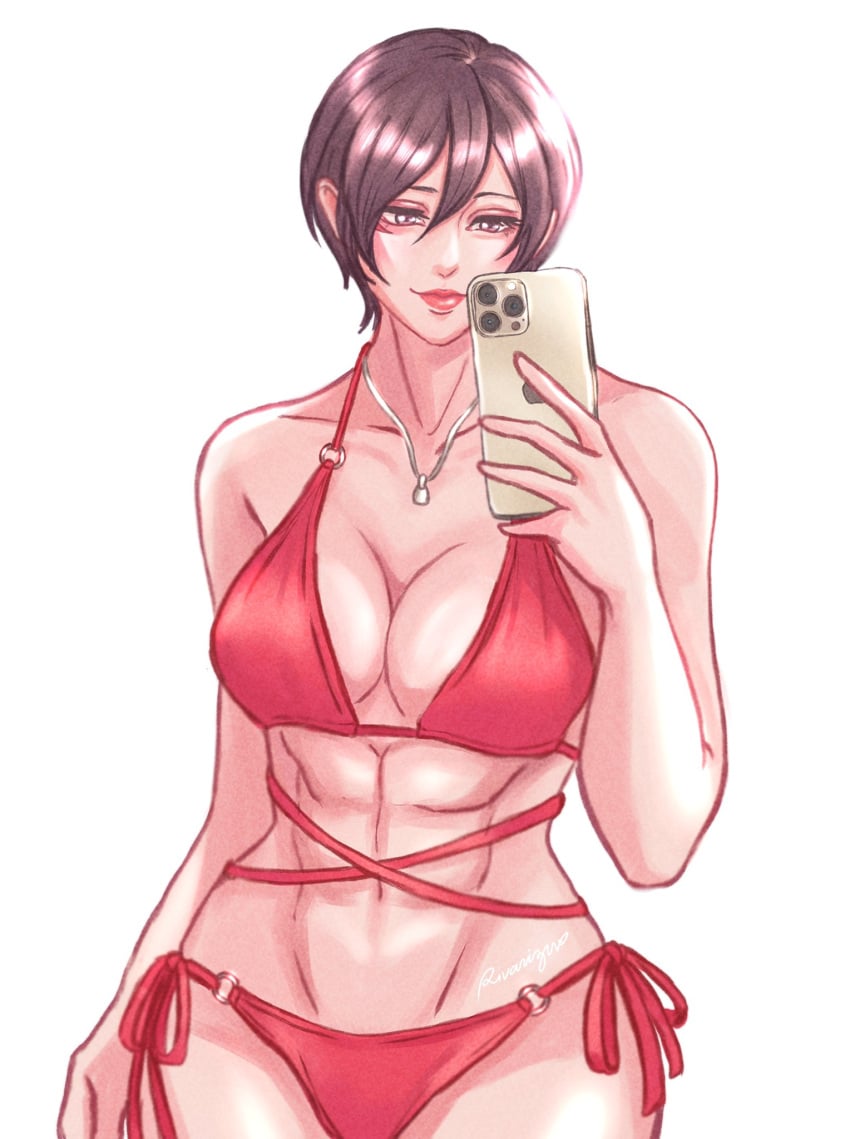 abdomen abs artist_signature asian attack_on_titan bare_shoulders bikini black_hair breasts cleavage curvy curvy_figure fit_female holding_phone hourglass_figure light-skinned_female medium_breasts midriff mikasa_ackerman navel necklace photo red_bikini red_lips scar selfie shingeki_no_kyojin shiny_abs shiny_breasts short_hair simple_background six_pack swimsuit swimwear upper_body white_background white_skin