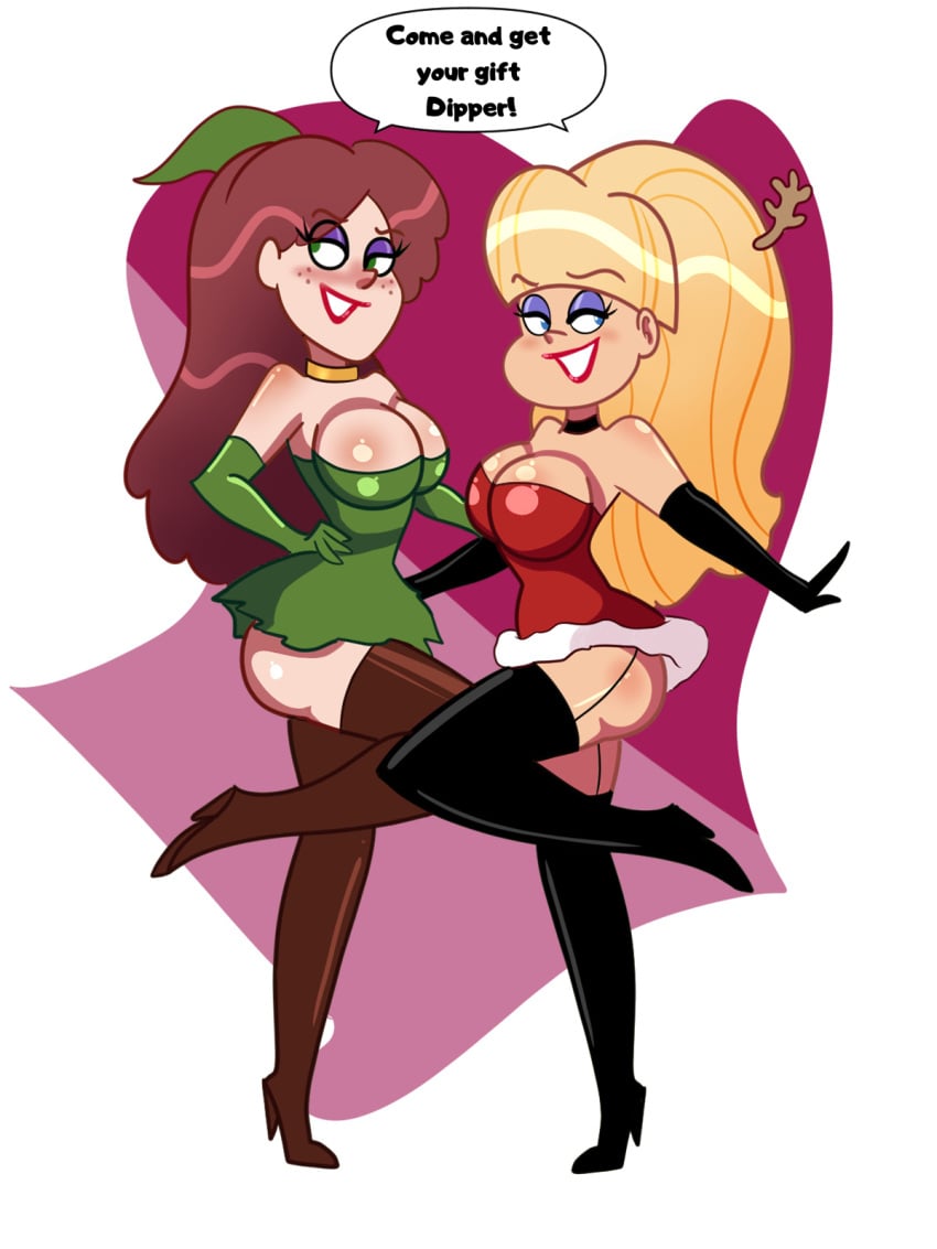 2girls aliciadrawsbecause ass bedroom_eyes black_boots black_choker black_gloves blonde_hair blue_eyes blush boots breasts brown_boots brown_hair brunette choker christmas christmas_dress christmas_outfit disney dress elbow_gloves female female_focus female_only freckles gloves gloves_and_boots_only gold_choker gravity_falls green_dress green_eyes green_gloves high_heel_boots high_heels large_breasts multiple_girls pacifica_northwest red_dress revealing_clothes shiny shiny_ass shiny_breasts shiny_clothes shiny_gloves shiny_hair shiny_skin thigh_boots thighhigh_boots thighhighs thighs wendy_corduroy