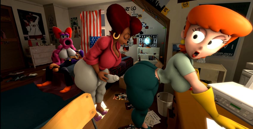 artist_request ass big_ass birdo breasts cartoon_network clothing crossover dexter's_laboratory dexter's_mom disney futanari goof_troop indoors mario_(series) nintendo nude peg_pete source_filmmaker thick waluigi