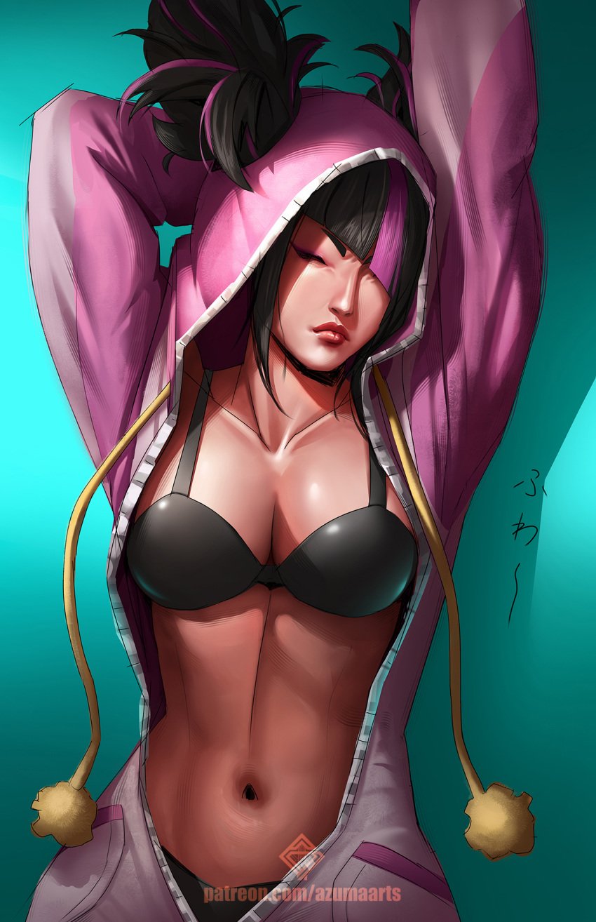 1girls arm_behind_head arms_up artist_name azuma_yasuo azumaarts black_bra black_hair black_panties bra breasts breasts_out cleavage closed_eyes eyeshadow female female_only fully_clothed hi_res hood juri_han kigurumi makeup multicolored_hair navel official_alternate_costume official_alternate_hairstyle onesie open_onesie pajamas panties panty_peek patreon_username purple_hair solo stomach streaked_hair street_fighter street_fighter_6 stretching twintails underwear unzipped