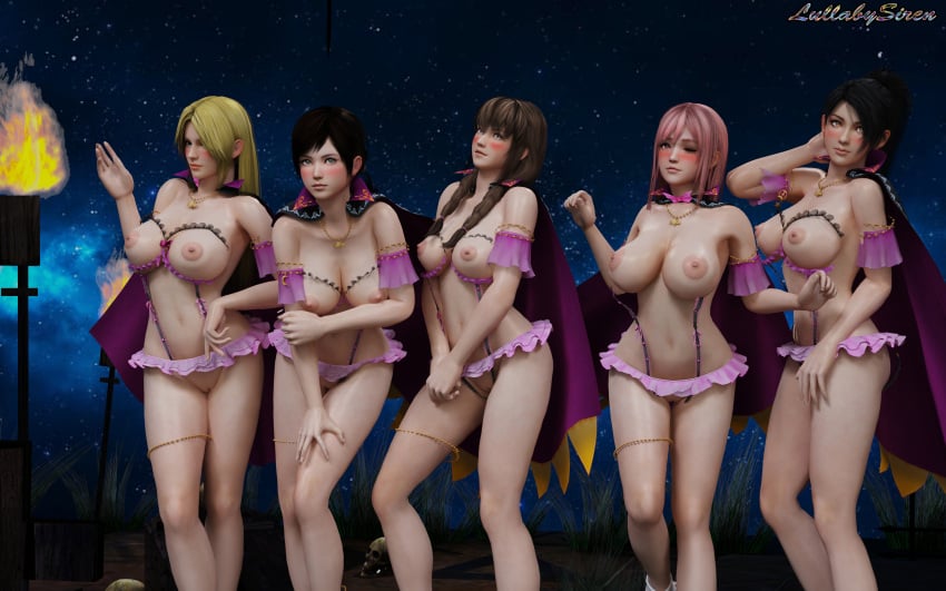 3d 5girls amber_eyes black_hair blonde_hair blue_eyes blush brown_hair dead_or_alive female female_only harem harem_girl harem_outfit helena_douglas hitomi_(doa) honoka_(doa) huge_breasts kokoro_(doa) lullabysiren65 momiji_(ninja_gaiden) multiple_girls ninja_gaiden pink_hair red_eyes voluptuous wink