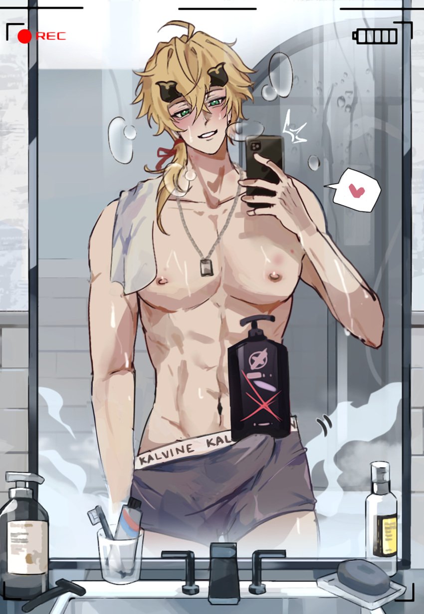 1boy abs bathroom blonde_hair boxers cuppydraws dog_tags erection erection_under_clothes gay genshin_impact green_eyes mirror mirror_selfie nipples phone shampoo_bottle shampoo_challenge smile solo thoma_(genshin_impact) topless topless_male towel underwear