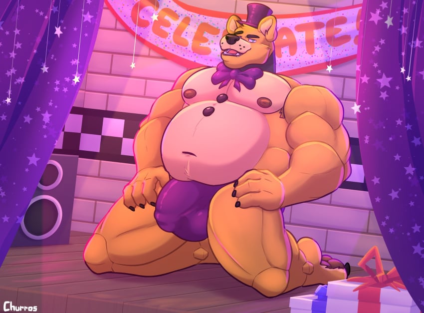 2023 anthro armpit_hair banner barazoku barefoot bear belly biceps big_belly big_bulge big_muscles body_hair bow_tie bulge churrosolixoso claws clothed clothing curtains detailed_bulge english_text eyebrows feet five_nights_at_freddy's fur golden_freddy_(fnaf) hat headgear headwear hi_res inside kneeling male male_only mammal musclegut muscular muscular_anthro muscular_male navel nipples open_mouth open_smile overweight overweight_anthro overweight_male pecs scottgames signature smile solo stage text thick_thighs thong thong_only top_hat topless topless_anthro topless_male tuft underwear underwear_only