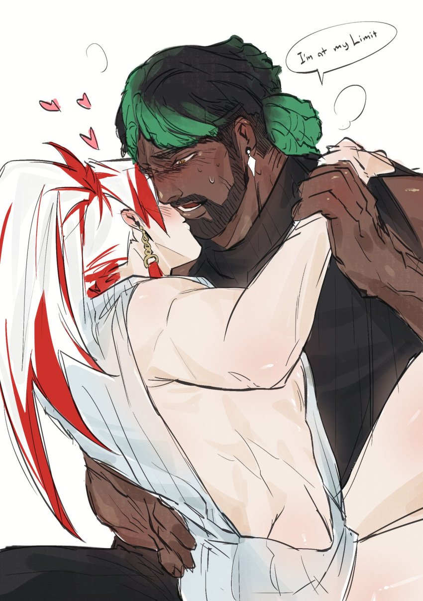 blush clothed clothing dark_skin gay heartsteel_k'sante heartsteel_series heartsteel_yone k'sante kissing league_of_legends long_hair male male/male multicolored_hair muscular muscular_male pale_skin ponytail text_bubble white_hair yaoi yone