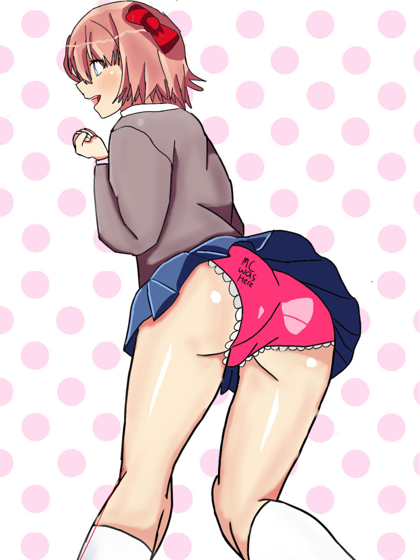 1girls ass blue_eyes bow doki_doki_literature_club english_text from_behind just_sayori panties pink_hair pink_panties profile red_bow sayori_(doki_doki_literature_club) simple_background skirt smile solo underwear unepicroachy wind_lift