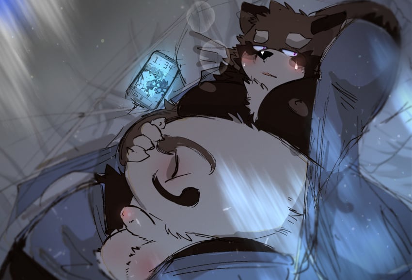 2023 anthro balls blush brown_body brown_fur canid canine cellphone electronics erection fur genitals hi_res kemono lying male male_only mammal moobs navel nipples overweight overweight_male penis phone raccoon_dog small_penis smartphone solo tanuki tsurugi