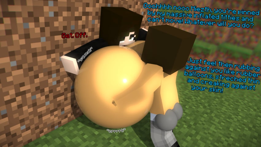 angry audie_vewya(tittank) breast_inflation breasts breasts breasts_bigger_than_head breasts_pressed_against_partner creaking flirting inflation miezth(tittank) mine-imator minecraft round_breasts shiny_skin tittank topless topless_female