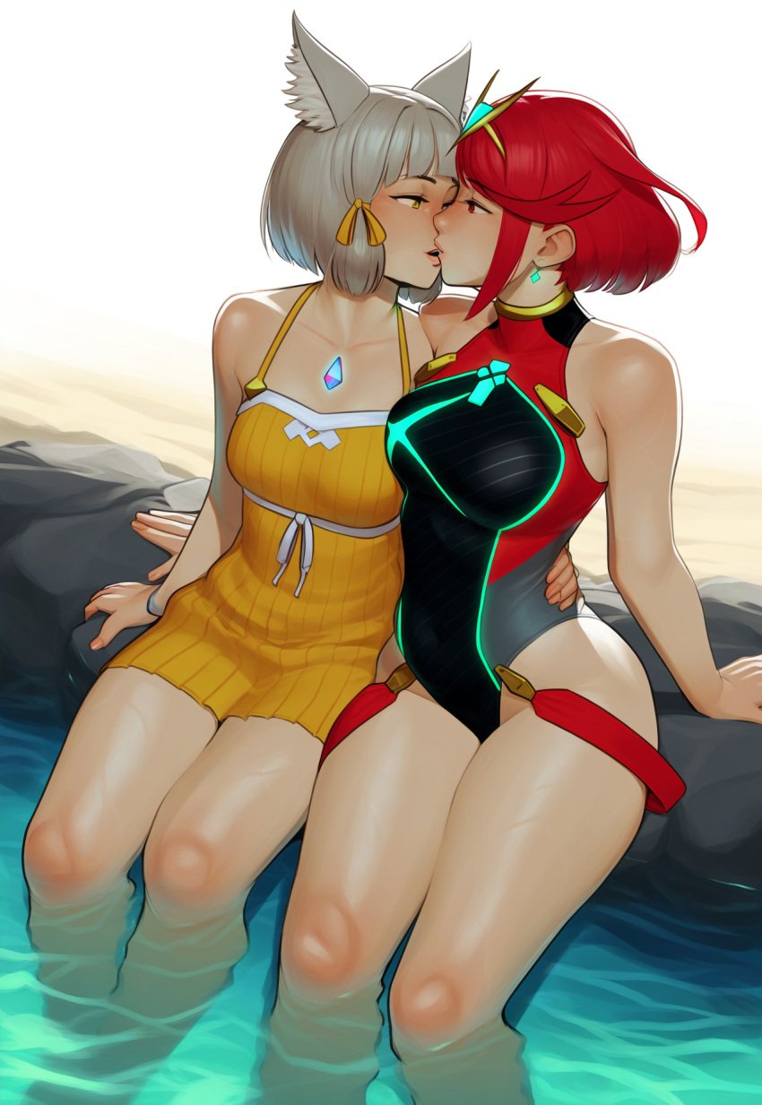 2girls aged_up ai_generated core_crystal female female_only kissing milf nia_(xenoblade) nintendo one-piece_swimsuit partially_submerged pyra_(pro_swimmer)_(xenoblade) pyra_(xenoblade) robofun rock shallow_water sundress xenoblade_(series) xenoblade_chronicles_2 yuri