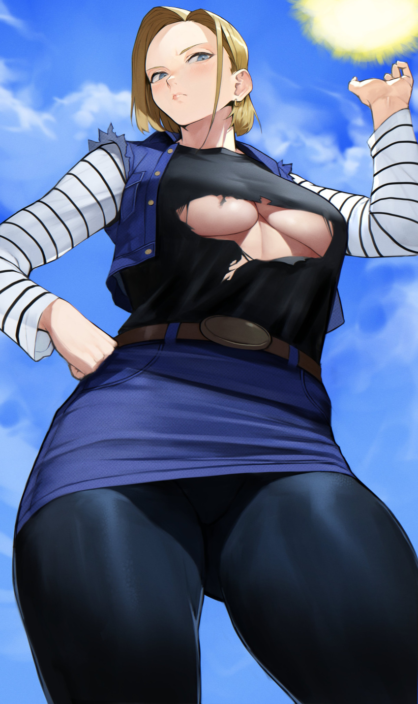 1girls android_18 big_breasts blonde_hair blue_eyes breasts dragon_ball dragon_ball_z female female_focus female_only ripped_clothing short_hair skirt solo standing thick_thighs yoshi55level yoshio_(55level)