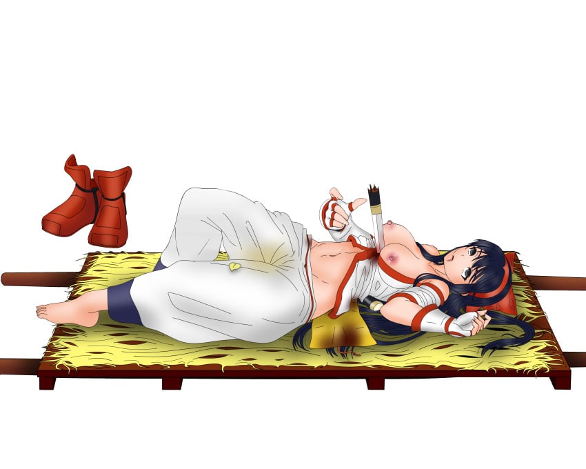 ainu_clothes blood blue_hair breasts breasts_out clothes_pull corpse dead death death_piss defeat empty_eyes feet female female_death fingerless_gloves gloves gore grey_eyes hair_ribbon highres incontinence large_breasts legs long_hair lying nakoruru navel nipples no_panties pants pants_pull peeing peeing_self piss ribbon samurai_shodown snk stab thighs urine urine_stain weapon