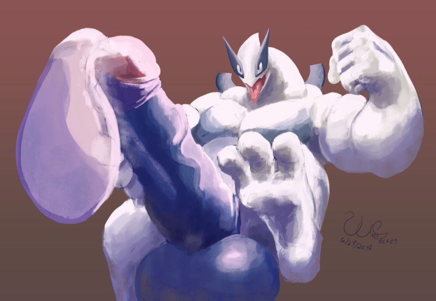 anthro balls big_balls big_muscles big_penis bodily_fluids condom cum excessive_cum excessive_genital_fluids filled_condom flexing generation_2_pokemon genital_fluids genitals huge_balls huge_cock huge_muscles hyper hyper_balls hyper_genitalia hyper_penis legendary_pokemon lugia male masturbation muscular nintendo penis pokemon pokemon_(species) sexual_barrier_device signature solo vein veiny_penis wolfsecret