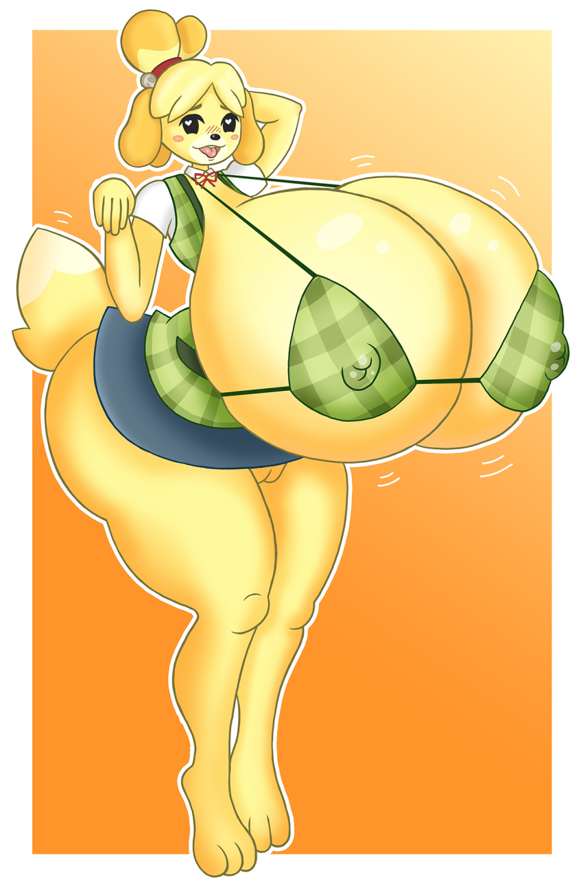 <3_eyes animal_crossing anthro big_breasts blush bra breasts canid canine canis clothed clothing domestic_dog female fur furry furry_only genitals hi_res huge_breasts hungy_ns hyper hyper_breasts isabelle_(animal_crossing) large_breasts looking_at_viewer mammal nintendo nipples open_mouth orange_background pussy simple_background solo tail thick_thighs underwear video_games yellow_body yellow_fur