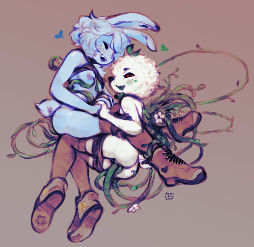 2023 anthro ass bestfriendforever besty_(character) black_sclera blue_body blue_fur blush boots breasts closed_eyes clothing digital_media_(artwork) duo female flower footwear freckles fur hair hand_holding heart hi_res lagomorph leporid mammal nipples plant rabbit simple_background smile vine_tentacles white_body