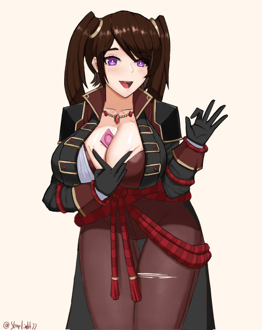 1girls adventurequest_worlds ai_no_miko aqw aqworlds artix_entertainment big_breasts blush breast_grab breasts_bigger_than_head brown_hair cleavage clothing condom condom_between_breasts female large_breasts long_hair purple_eyes smile solo starlightlit22 twintails uniform