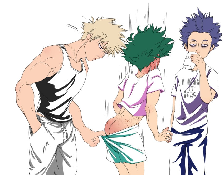 3boys ass ass_cheeks bakudeku bakugou bakugou_katsuki biceps blush drinking exposed_ass freckled_skin freckles freckles_on_ass gay green_hair heavy_blush hitoshi_shinso izuku_midoriya katsuki katsuki_bakugou looking_at_ass looking_at_butt looking_down male male/male male_focus male_only midoriya_izuku muscular muscular_arms muscular_male my_hero_academia pulling_clothing pulling_down_pants purple_hair red_ass shinsou_hitoshi spank_marks spanked spiky_hair staring_at_ass surprised tank_top text_on_clothing tired tired_eyes twink undressing_another yaoi