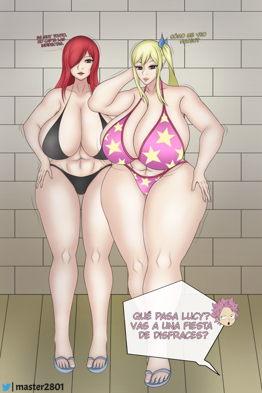 2girls big_breasts big_hips big_thighs bikini blonde_hair bodysuit erza_scarlet eyes fairy_tail female focus hair hips lips lucy_heartfilia master1000 multiple_girls natsu_dragneel pose red_hair smile spanish_text wide_hips