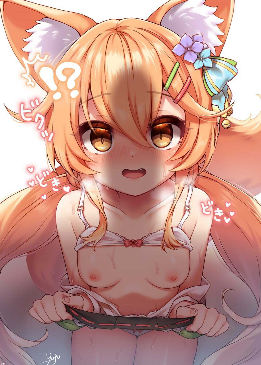 !? 1boy animal_ear_fluff animal_ears bangs bell black_skirt blush bra breasts breasts_out brown_eyes clothes_lift collarbone cute_fang eyebrows_visible_through_hair female flower fox_ears fox_girl fox_tail hair_bell hair_between_eyes hair_flower hair_ornament hairclip heart highres korin_(shironeko_project) long_hair looking_at_viewer nipples oerba_yun_fang off_shoulder open_mouth orange_hair panties penis_awe penis_shadow pleated_skirt shironeko_project shirt signature skirt skirt_lift slit_pupils small_breasts sweat sweatdrop tail translation_request underwear white_bra white_panties white_shirt yufukiri