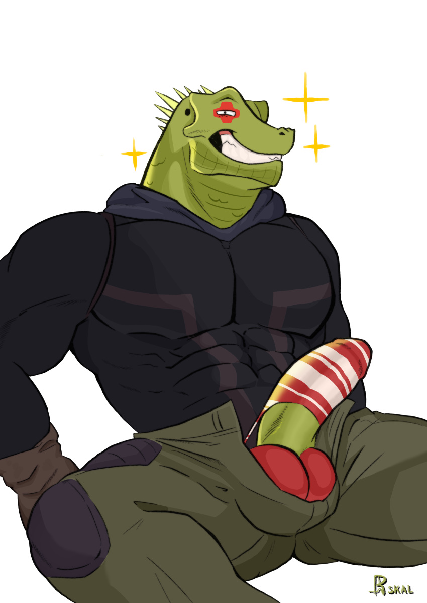 abs absurd_res balls barely_contained big_balls big_penis clothed clothing cock_sock dorohedoro footwear genitals hi_res humanoid kaiman kaiman_(dorohedoro) lizard male male_only muscular muscular_male pecs penis penis_clothing raskalaskal reptile scalie socks solo underwear