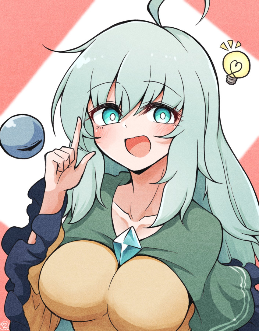 1girls ahoge big_breasts blush breasts clothed_female green_eyes green_hair koishi_komeiji lightbulb long_hair open_mouth red_background scavia10 solo solo_female third_eye touhou