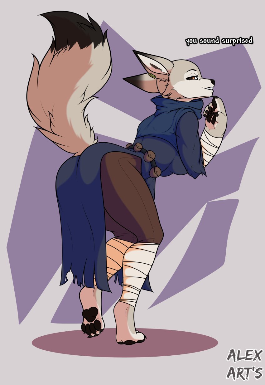 absurd_res alex_art's anthro canid canine canis clothed clothing corsac_fox digital_media_(artwork) dreamworks english_text female female/female fox fur hi_res kung_fu_panda lex_art's looking_at_viewer mammal pose simple_background smile solo tail text thick_thighs zhen_(kung_fu_panda)