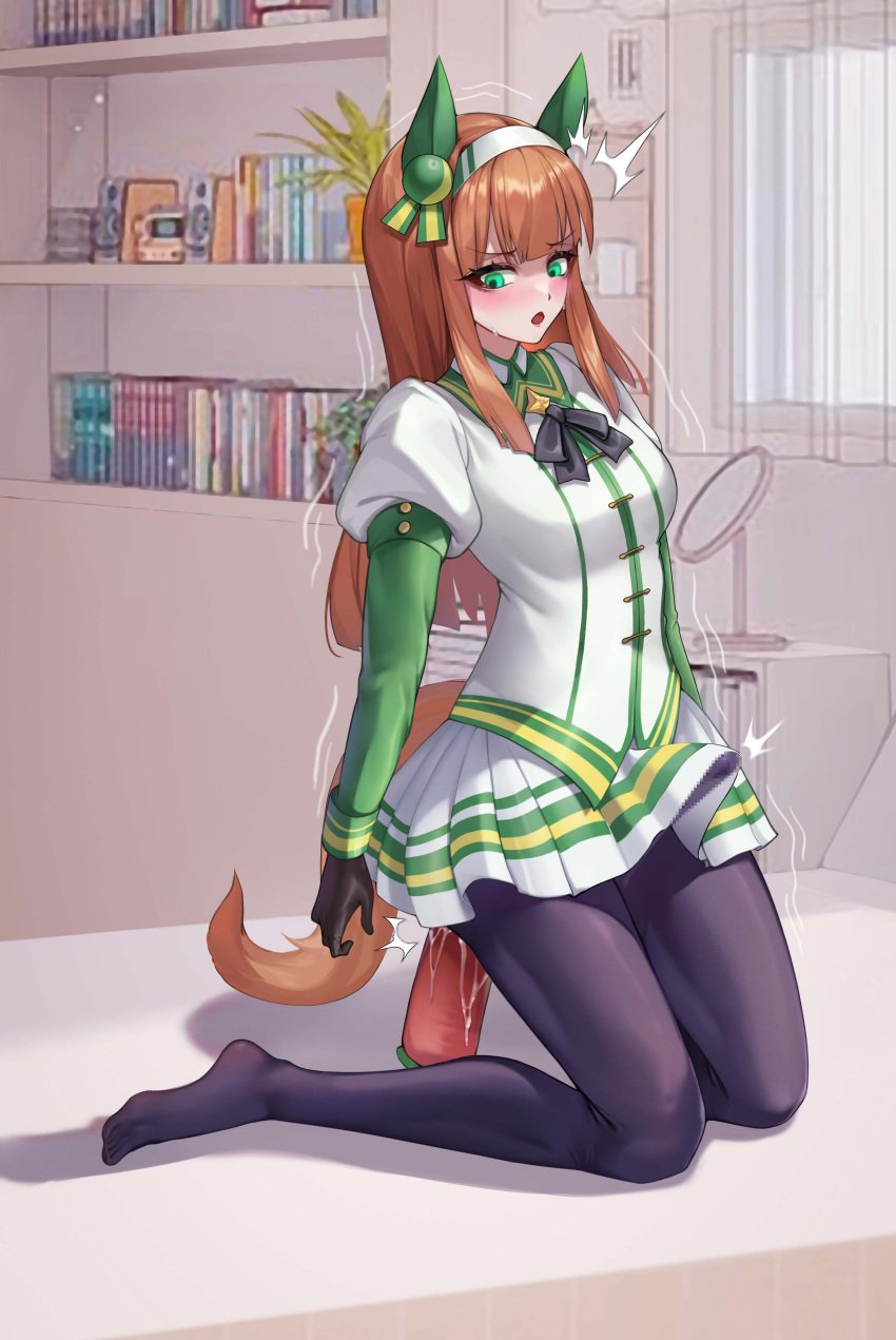 1futa absurdres animal_ears bangs black_gloves black_pantyhose black_ribbon blush breasts brown_hair bulge carrot censored clothed clothing dildo dress erection erection_under_clothes erection_under_skirt fully_clothed futa_only futanari futanari_masturbation gins gloves green_eyes hanee highres holding holding_sex_toy horse_ears horse_girl horse_tail humanoid improvised_dildo improvised_sex_toy indoors kemonomimi kneeling light-skinned_futanari light_skin long_hair long_sleeves masturbation mosaic_censoring neck_ribbon object_insertion open_mouth orange_hair paid_reward_available pantyhose ribbon sex_toy silence_suzuka_(umamusume) sitting smile solo sweat tail tenting umamusume variant_set wariza white_dress