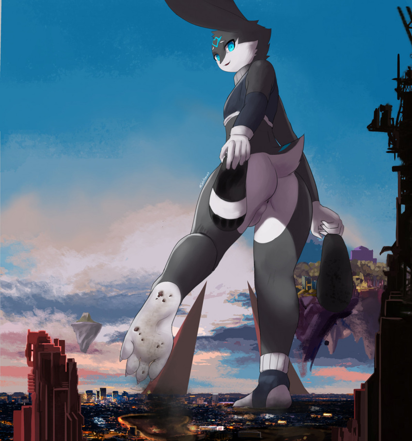 4_toes anthro barefoot blue_eyes city clothing feet footprint footwear grey_body hi_res humanoid_feet lagomorph leporid macro male mammal micro paws rabbit sandals soles solo solutionwcs stomping toes