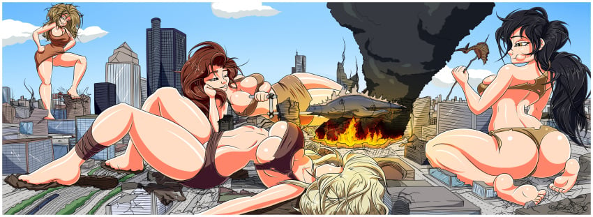 2019 4girls ass big_ass big_breasts big_butt black_hair black_hair_female blonde_female blonde_hair blonde_hair_female breasts brown_hair brown_hair_female brunette_hair building building_destruction city city_destruction cleavage cooking crush destruction fire giantess giga_giantess kaiju laying_down light-skinned_female light_skin monster multiple_girls raven_hair roasting sector316 skimpy skimpy_clothes skimpy_outfit smoke